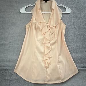 Express Elite Sleeveless Blouse XS Cream Ruffle Front V-Neck Bow Shell Top Ivory